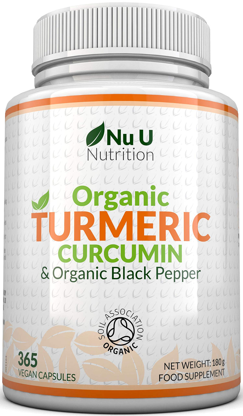 [Australia] - Turmeric Curcumin Organic High Strength 600mg, 365 Capsules with Organic Black Pepper | Suitable for Vegetarians & Vegans | Soil Association Certified, Made in The UK by Nu U Nutrition 