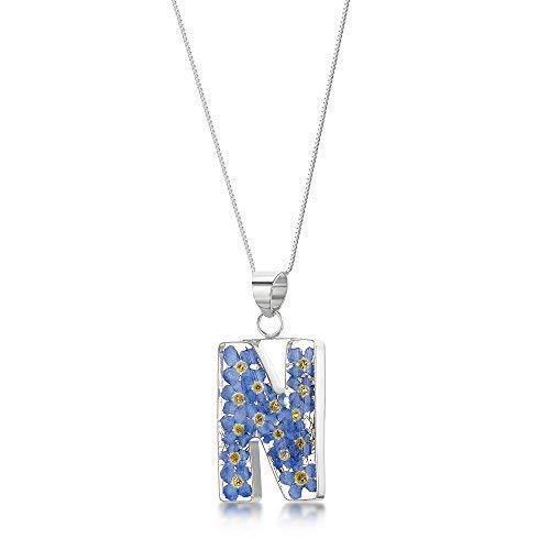 [Australia] - Shrieking Violet 925 Sterling Silver Letter Real Flower Pendant Initial Necklace -- Forget-Me-Not (Blue) Letter "N" 