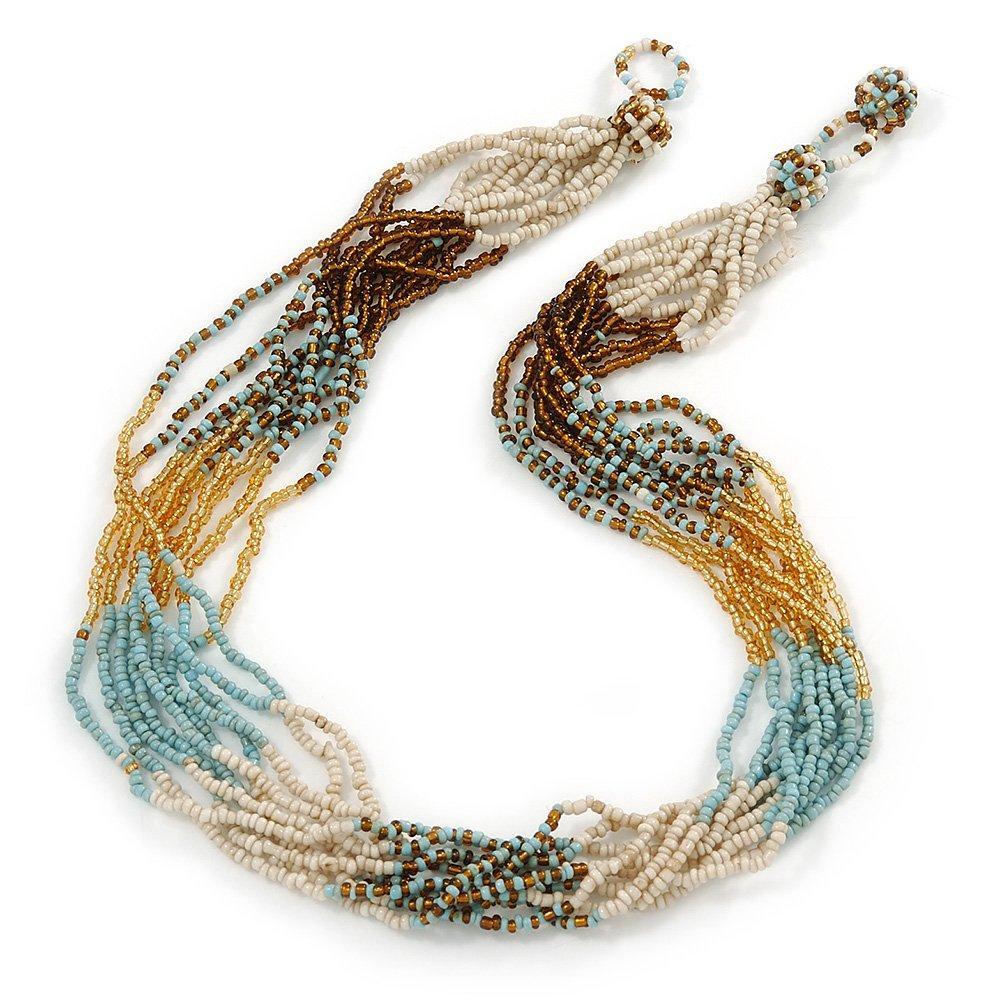 [Australia] - Avalaya Multistrand Light Blue/Gold/Antique White/Brown Glass Bead Necklace - 50cm L 