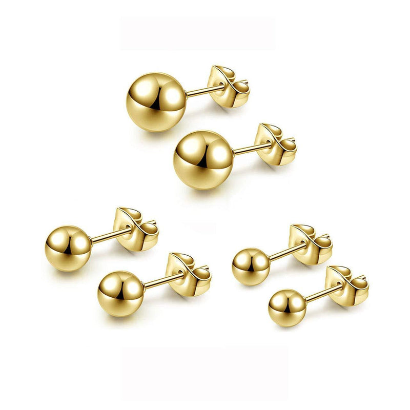 [Australia] - PiercingJ 2-6pcs Golden Stainless Steel 3mm 5mm 8mm Tiny Round Ball Stud Ear Cartilage Helix Earrings for Women Men with Gift Box 6pcs Golden (5mm+6mm+8mm) 