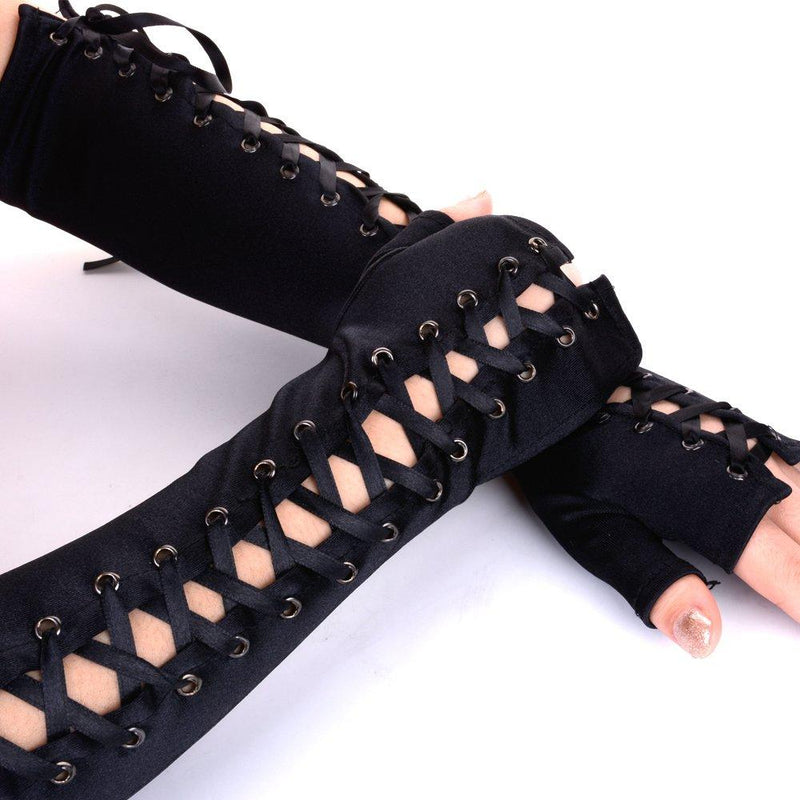 [Australia] - JISEN Womens Fingerless Gloves Elbow Lace Up steampunk Costume Arm Warmer Satin Black 