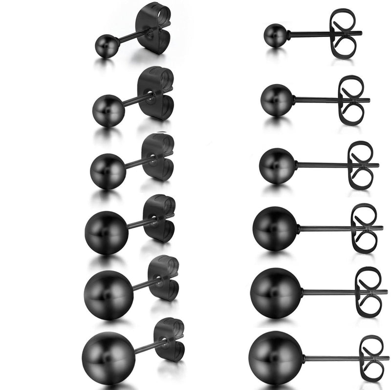 [Australia] - JewelryWe 6 Pairs Assorted Sizes Wholesale Lot Stainless Steel Round Ball Stud Earrings, Hypoallergenic, Black 