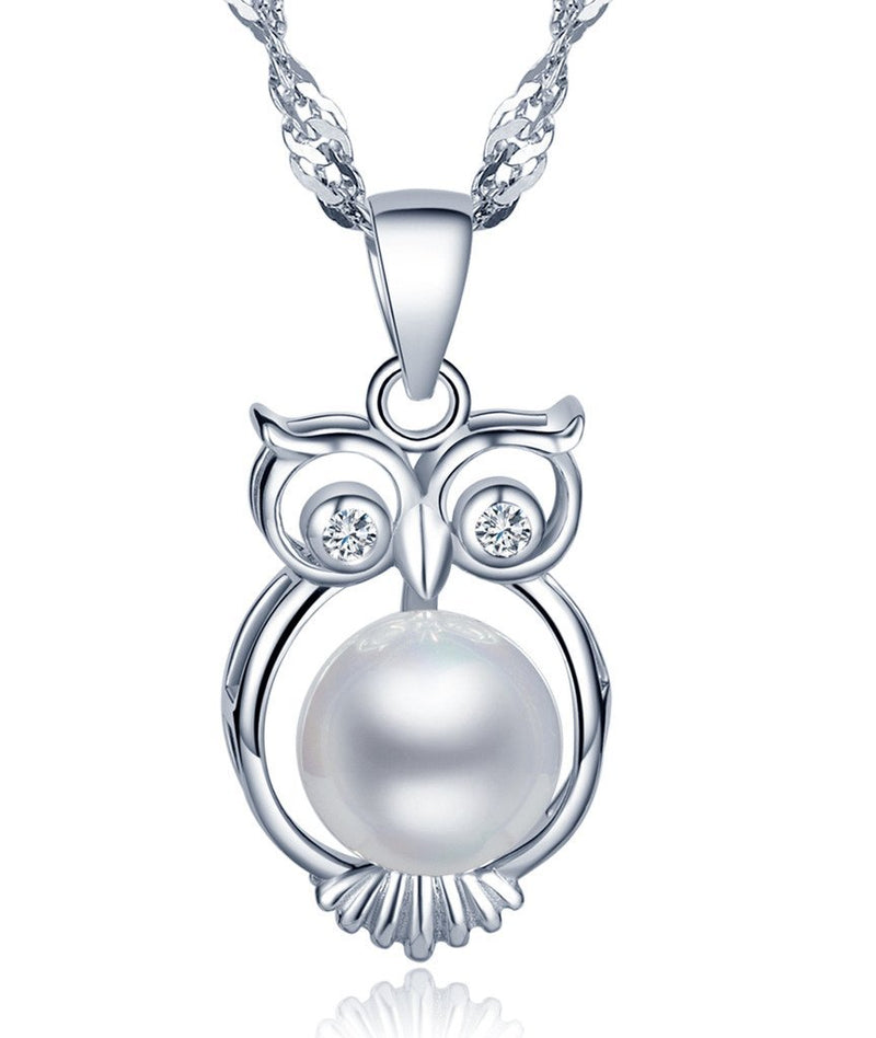 [Australia] - Infinite U 925 Sterling Silver 8mm Pearl Owl Pendant Women Necklace with 45cm Chain 