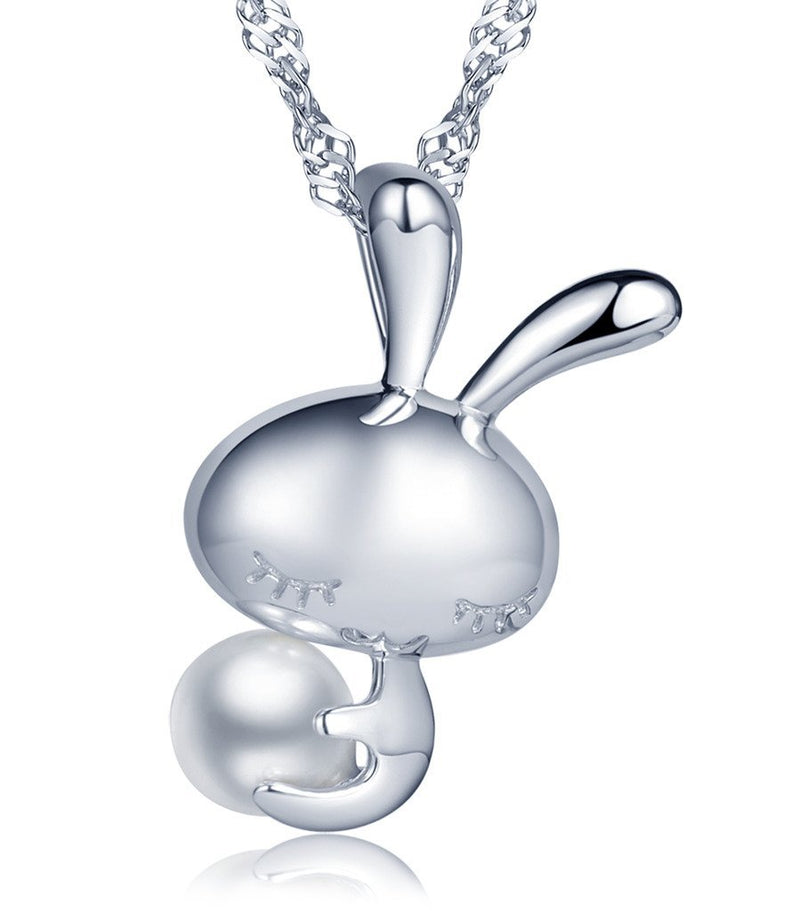 [Australia] - Infinite U 925 Sterling Silver Cute Bunny/Rabbit 6mm Pearl Pendant Necklace for Women/Girls 