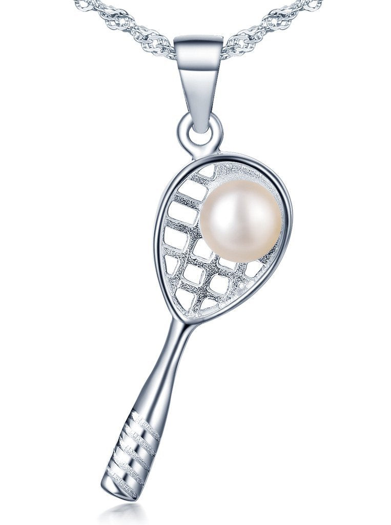 [Australia] - Infinite U 925 Sterling Silver Tennis Racket Pink 5.5mm Pearl Pendant Women's Necklace with Chain 