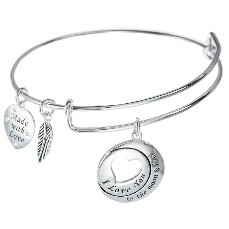 [Australia] - Sterling Silver ''I Love You To The Moon And Back'' Dangle Charm Adjustable Wire Bangle Bracelet Dangle Charm of Love Heart 