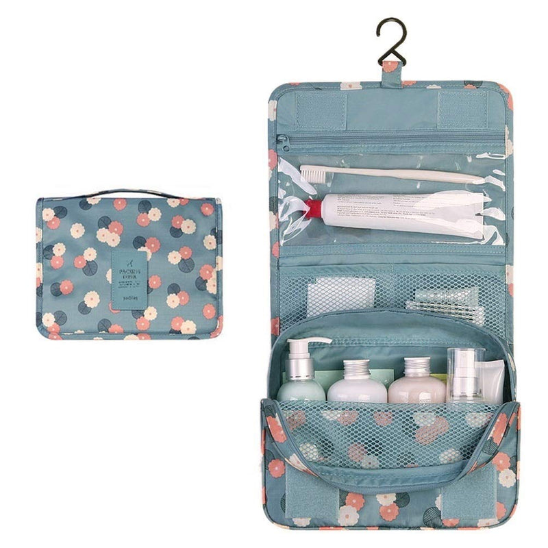 [Australia] - Travel Wash Bag Discoball Toiletry Bags with Compartment for Womens Girls Toiletries Storage Organizer, Hanging, Folding, Waterproof (Blue Flower) Blue Flower 