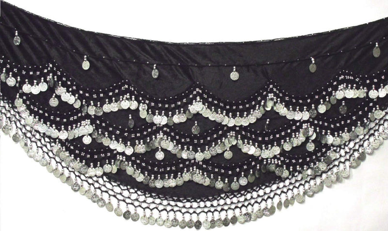[Australia] - Belly Dance Hip Belt Scarves Dancing Costume Coin Hip Scarves Belts FITS to 4XL Plus Size (XL to 4XL Plus Size UK 18-22/24, Black Silver) XL to 4XL PLUS SIZE UK 18 - 22/24 