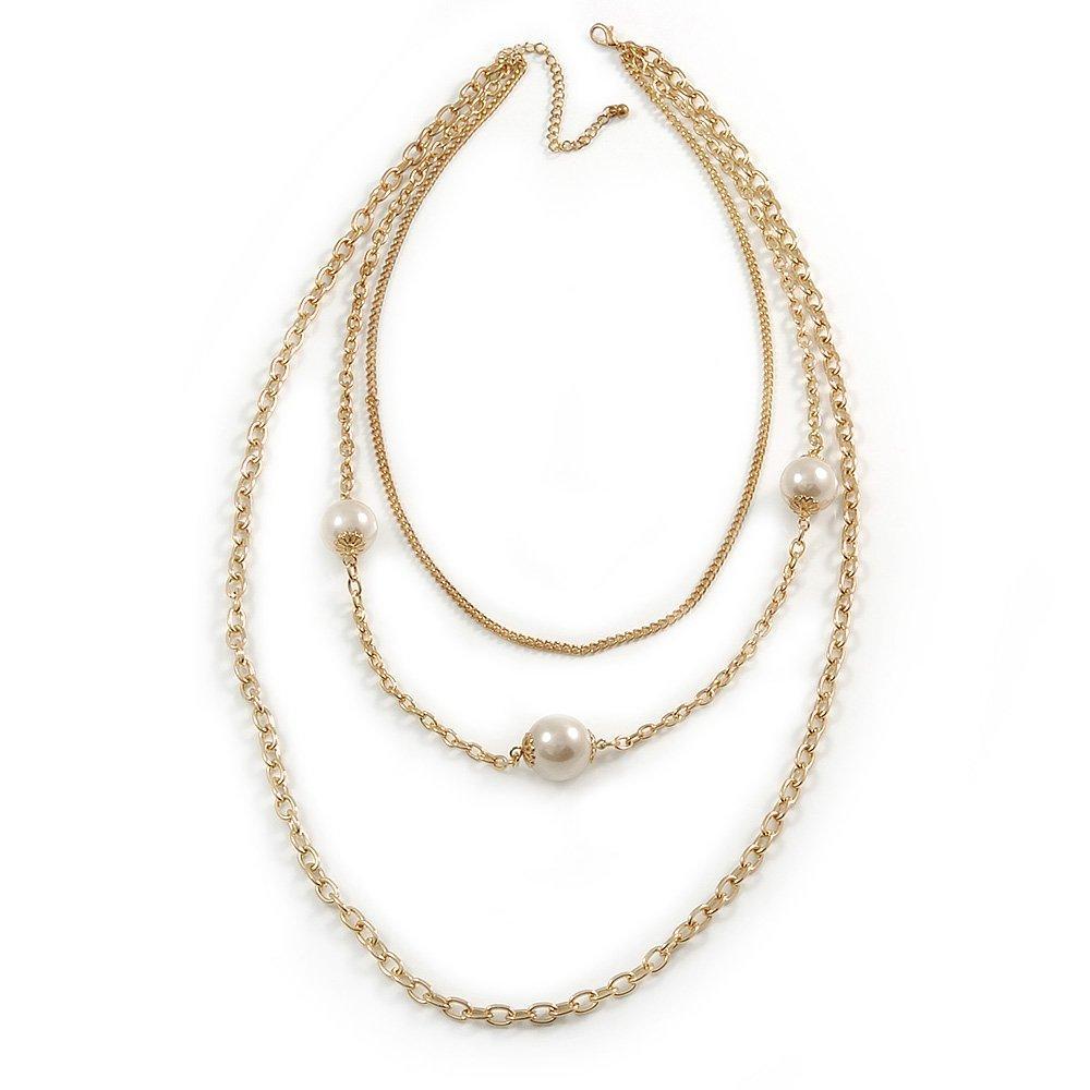 [Australia] - Avalaya 3 Strand Layered Gold Tone Chain with White Faux Pearl Necklace - 76cm L/ 8cm Ext 