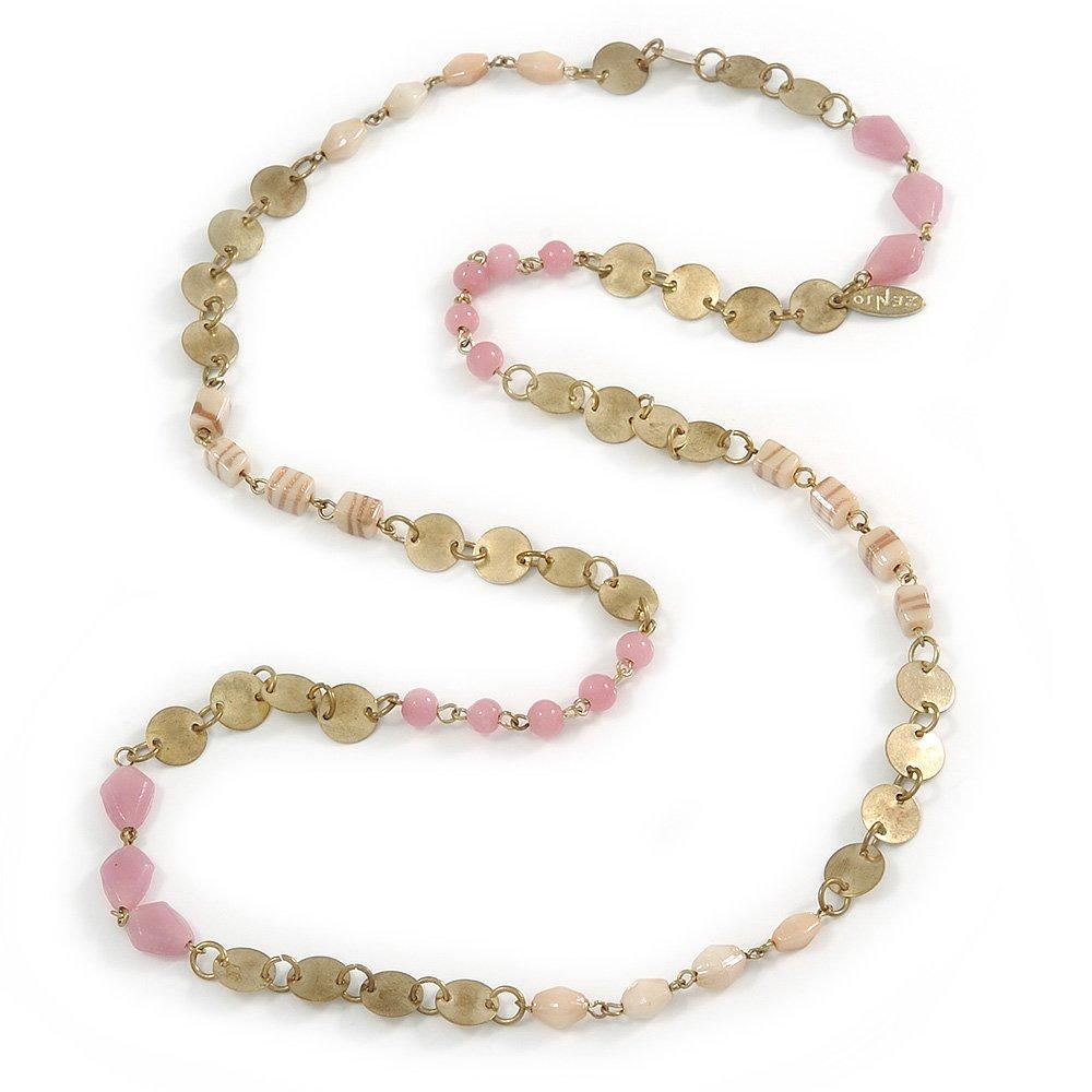 [Australia] - Avalaya Vintage Inspired Dusty Pink, Nude Glass Bead and Antique Gold Coin Long Necklace - 100cm L 
