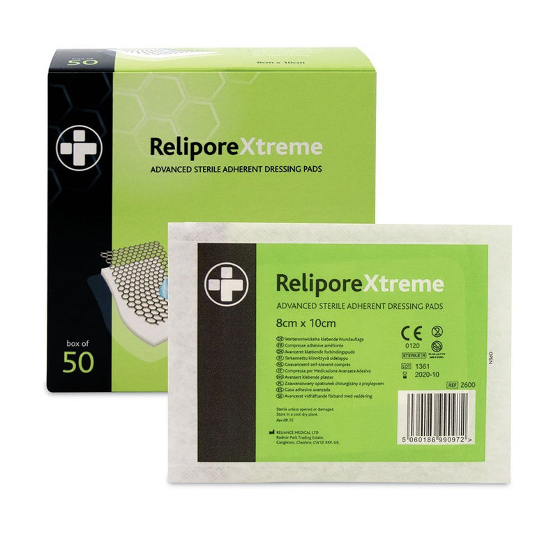 [Australia] - Reliance Medical Sterile Relipore Xtreme Adhesive Dressing Pads, 10 cm Length x 8 cm Width Box of 50 Xtreme Adhesive Dressing Pads 10 x 8cm - Box of 50 