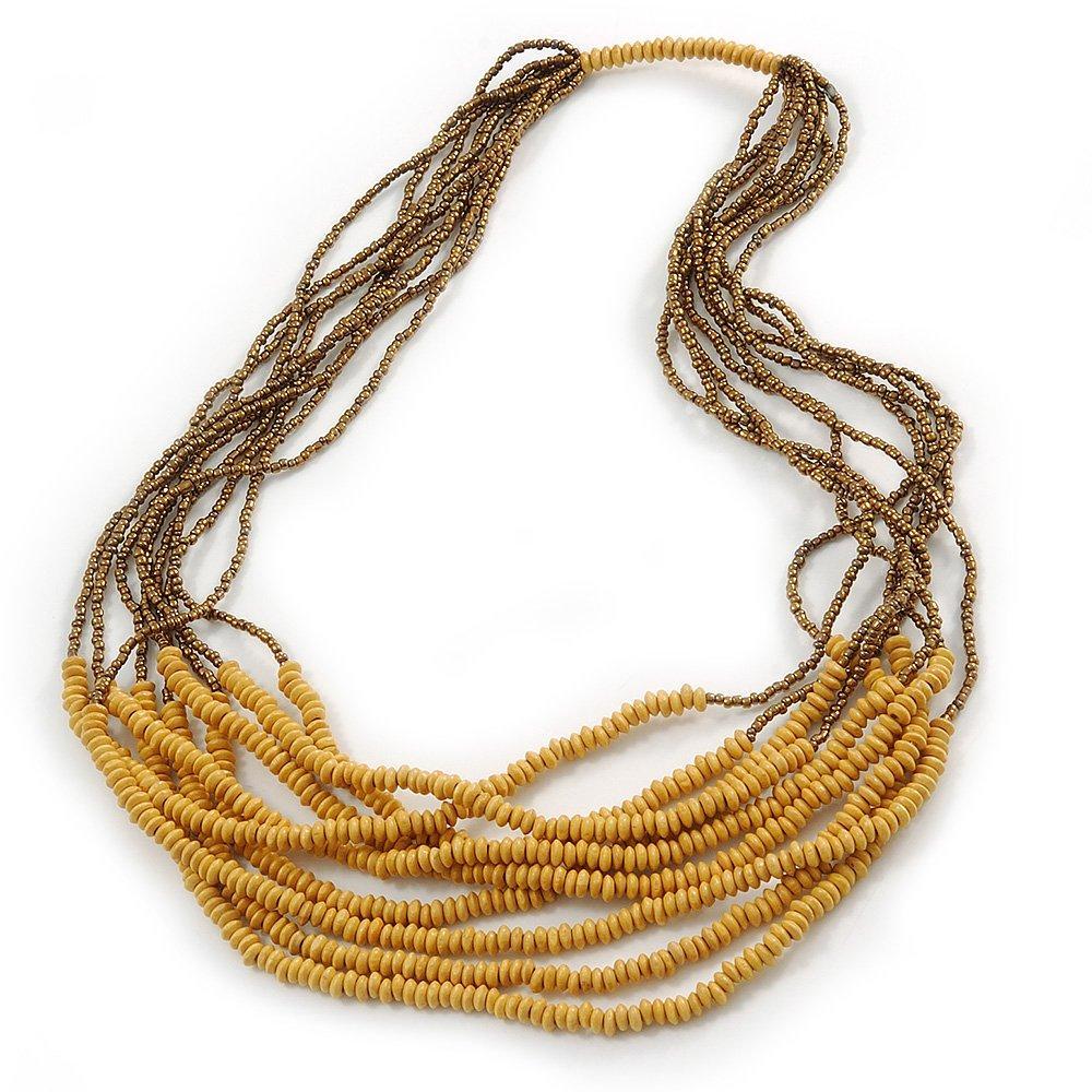 [Australia] - Avalaya Dusty Yellow Wood and Bronze Glass Bead Multistrand Necklace - 80cm L 