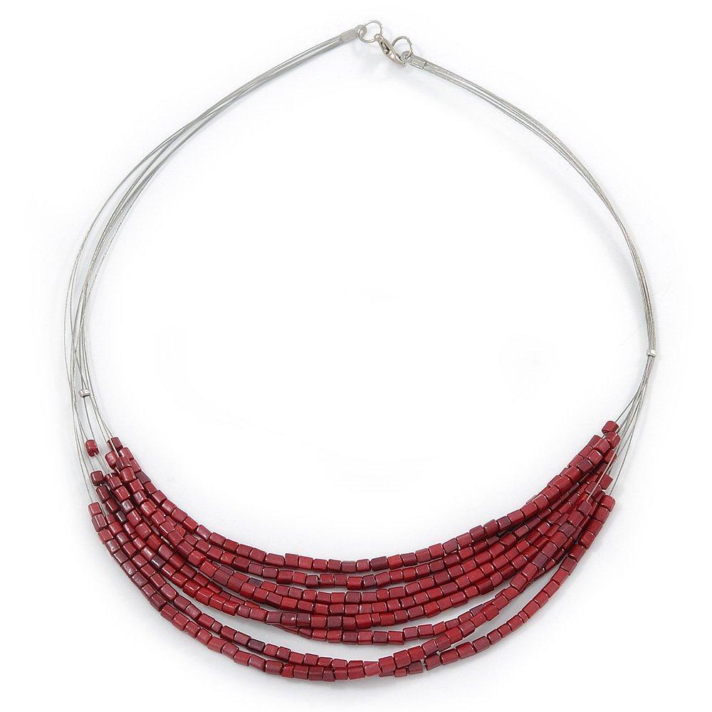 [Australia] - Avalaya Silver Tone Multistrand Wire Necklace with Garnet Red Acrylic Beads - 52cm L 