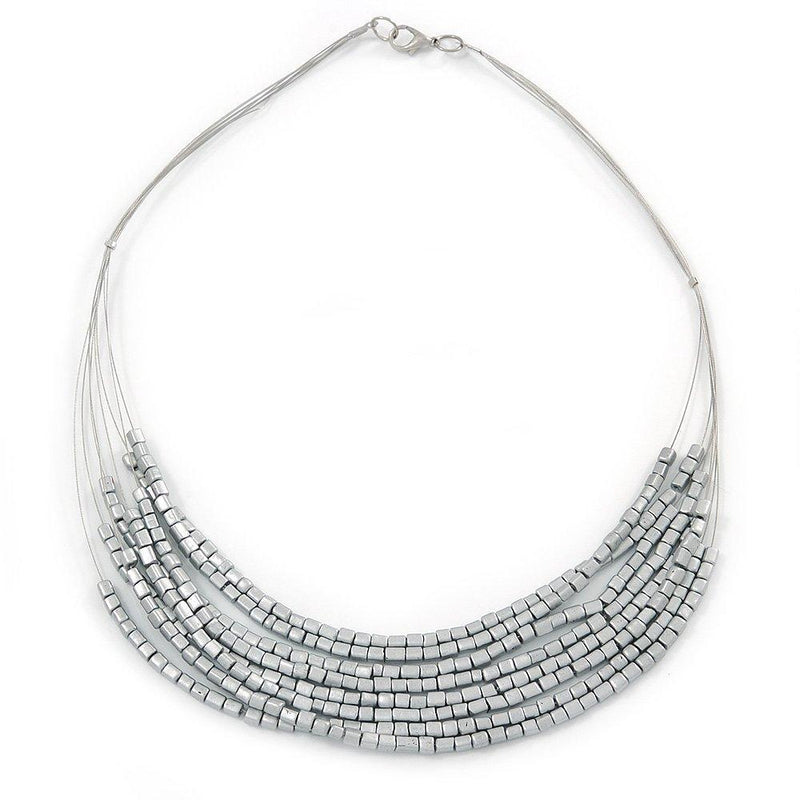 [Australia] - Avalaya Silver Tone Multistrand Wire Necklace with Metallic Silver Acrylic Beads - 52cm L 