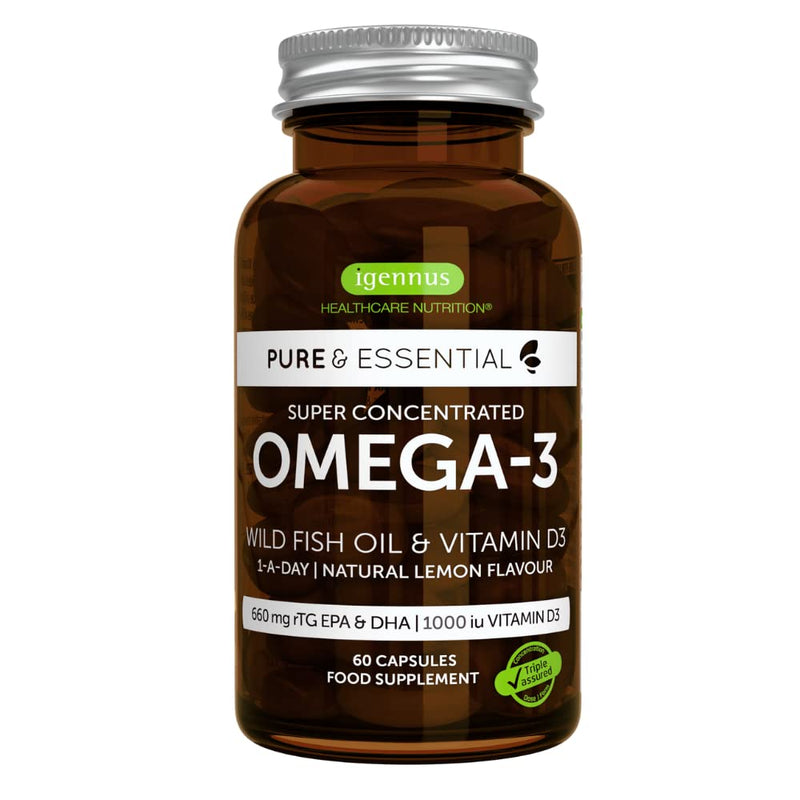 [Australia] - Pure & Essential Omega-3 & D3 1000iu, Fast-Acting rTG, 1-a-Day, Highly Concentrated EPA & DHA Wild Fish Oil, Non-GMO 60 Servings 