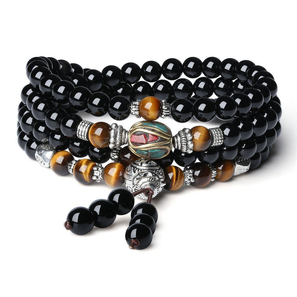 [Australia] - coai 108 Mala Beads Onyx Tiger Eye Wrap Bracelet Necklace Onyx & Brown Tiger Eye 