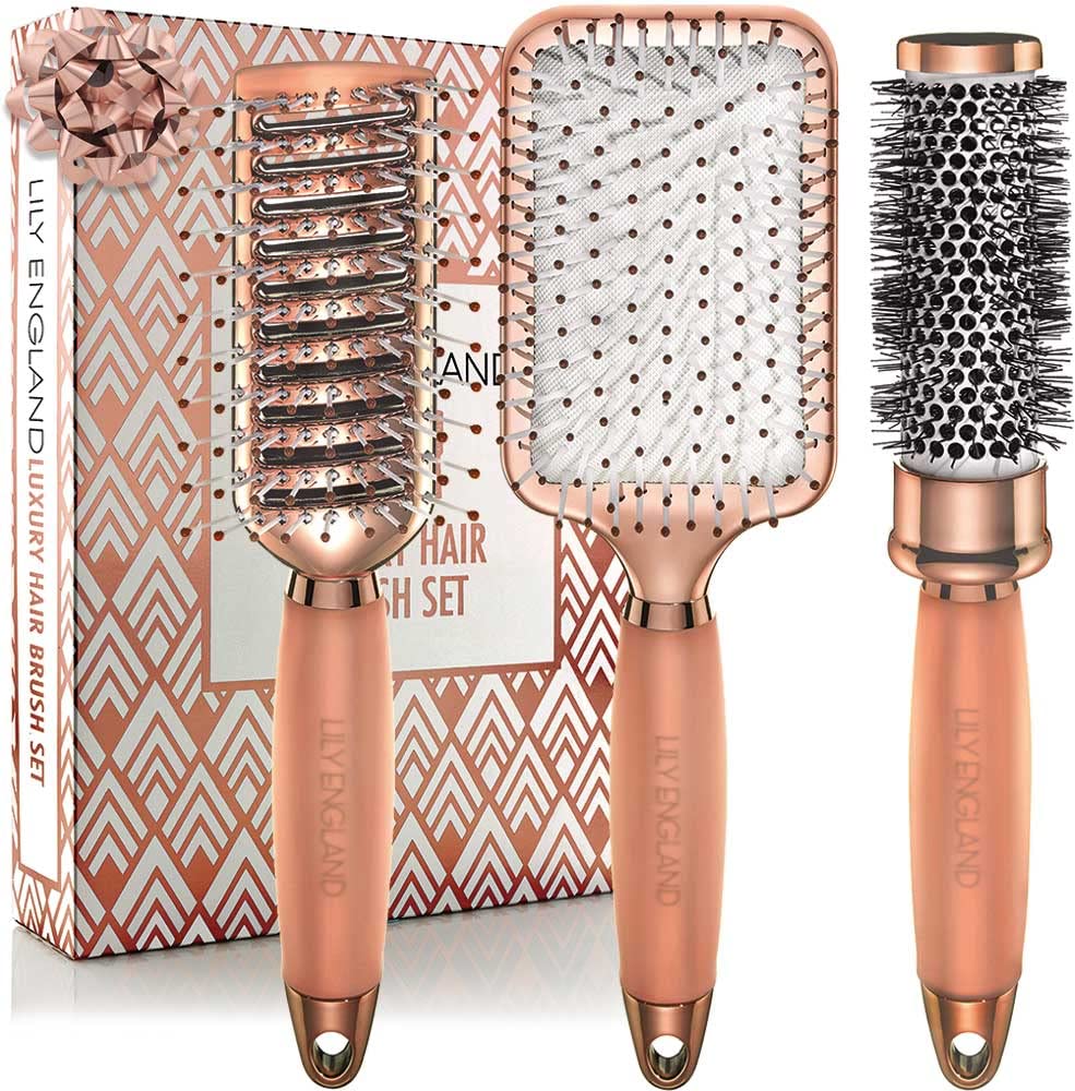 [Australia] - Hair Brush Set - Luxury Professional Rose Gold Hairbrushes for Detangling, Blow Drying, Straightening - Suitable for All Hair Types by Lily England 