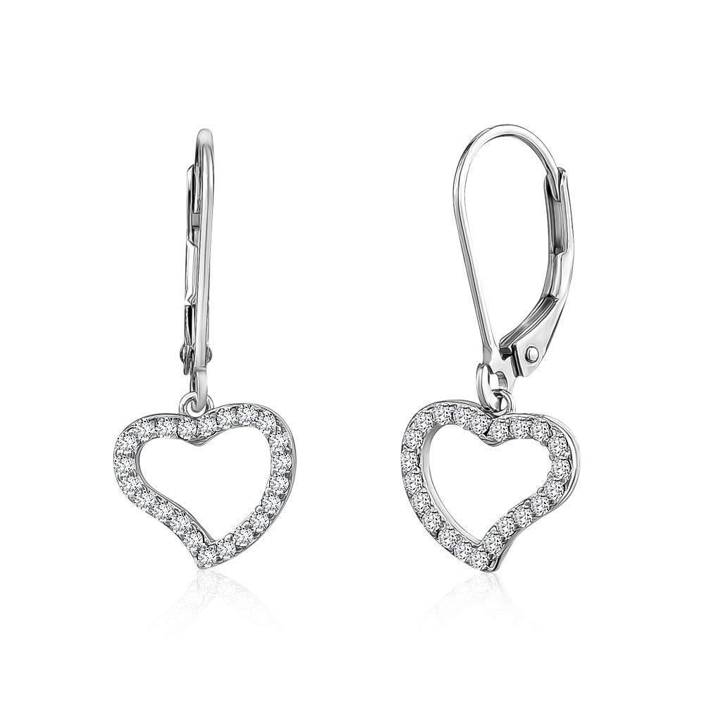 [Australia] - UNICORNJ Tweens Teens Sterling Silver 925 Cubic Zirconia Dangle Leverback Earrings Heart - Simulated Diamonds 