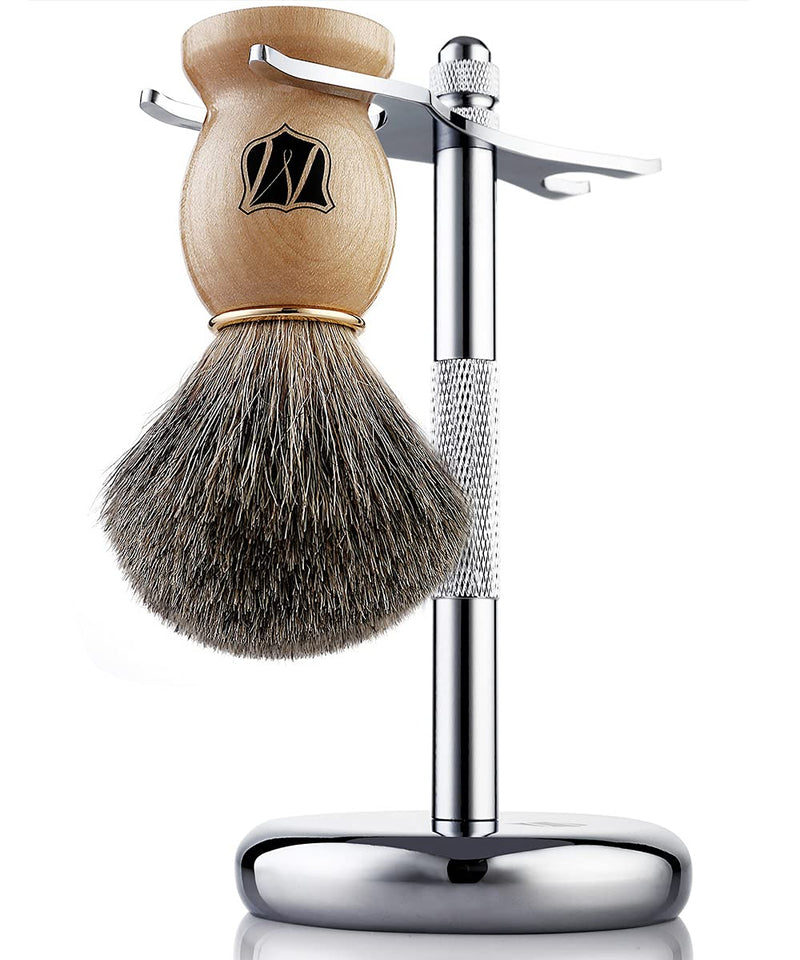 [Australia] - Miusco Natural Badger Hair Shaving Brush and Shaving Stand Set, Chrome Stand, Wooden Brush, Compatible with Safety Razor, Cartridge Razor and Disposable Razor 