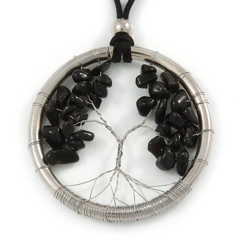 [Australia] - Avalaya 'Tree of Life' Open Round Pendant with Black Semiprecious Stones on Black Suede Cord - 88cm L 