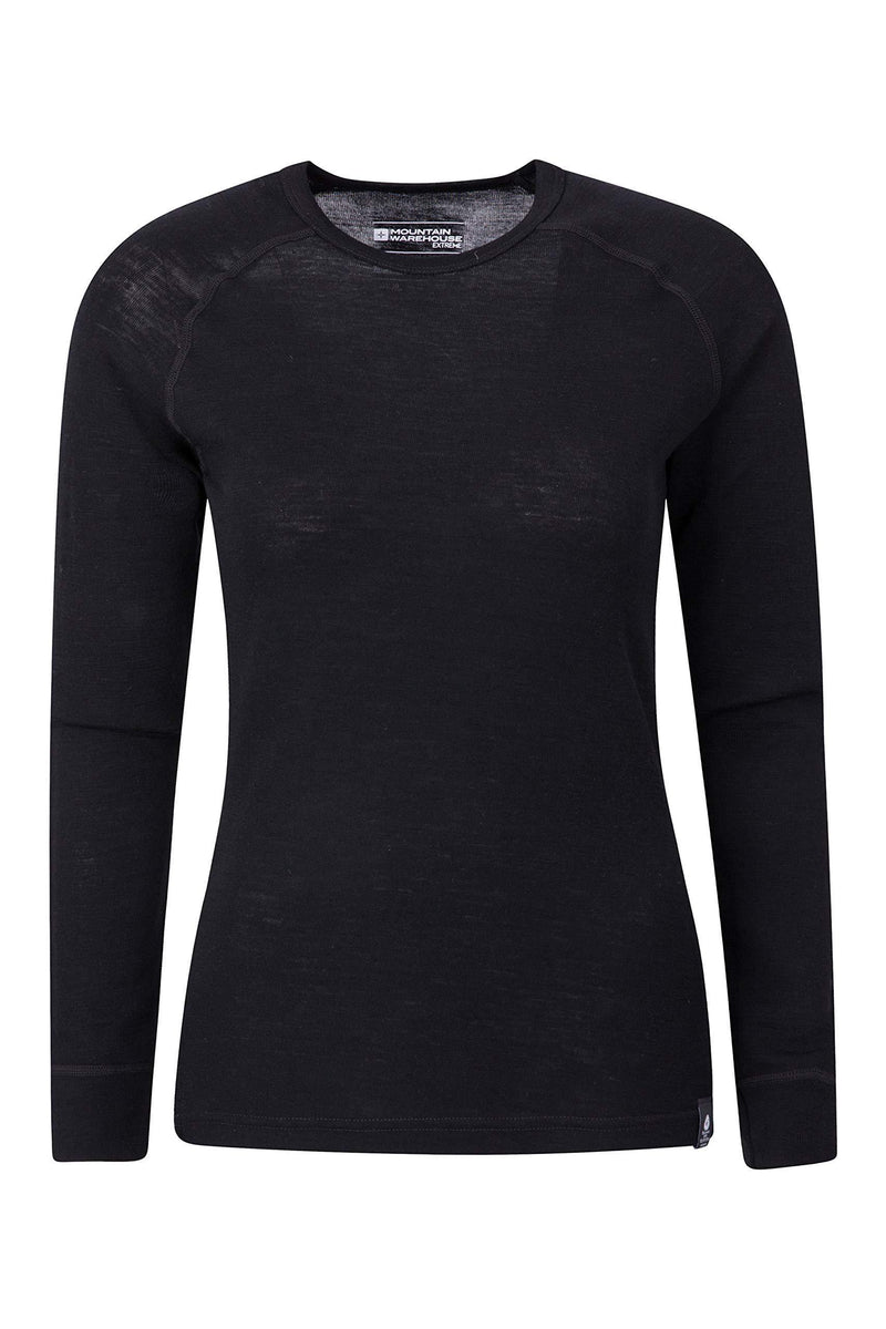 [Australia] - Mountain Warehouse Merino Womens Thermal Baselayer Top - Lightweight, Antibacterial & Breathable Ladies T Shirt - for Winter Travel, Hiking, Camping, Skiing, Snowboard Black 22 