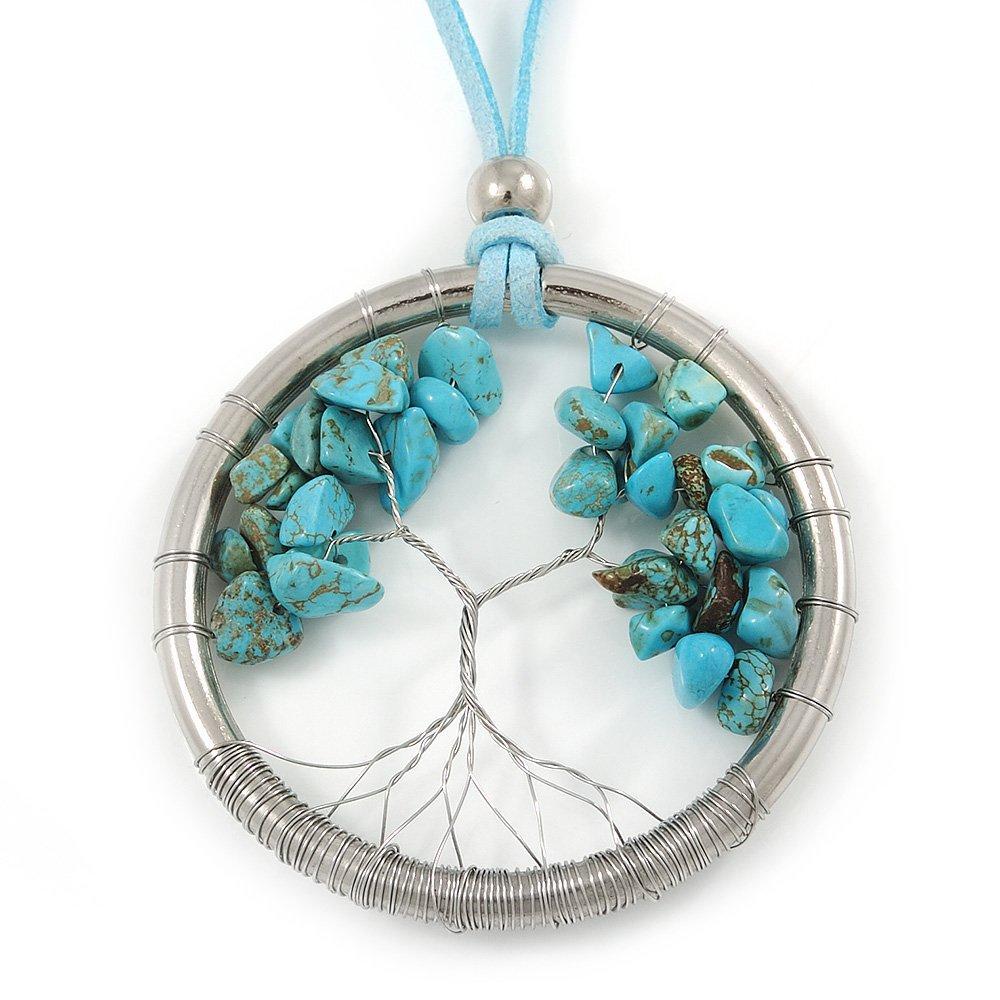 [Australia] - Avalaya 'Tree of Life' Open Round Pendant with Turquoise Stones on Light Blue Suede Cord - 88cm L 