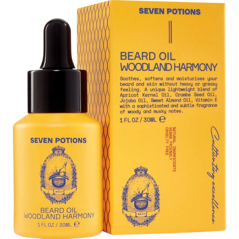 [Australia] - Seven Potions Premium Beard Oil for Men — Jojoba Oil Beard Softener to Nourish Skin, Hair, and Stop Beard Itch — All-Natural, Vegan, Cruelty Free — Woodland Harmony Scent (30ml) Amber 