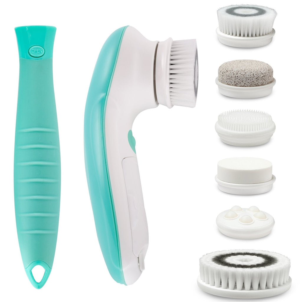 [Australia] - Fancii 7 in 1 Electric Waterproof Facial & Body Cleansing Brush Kit with Handle and 6 Brush Heads - Best Advanced Spin Brush Microdermabrasion Scrub System for Face & Body (Aqua) Aqua 