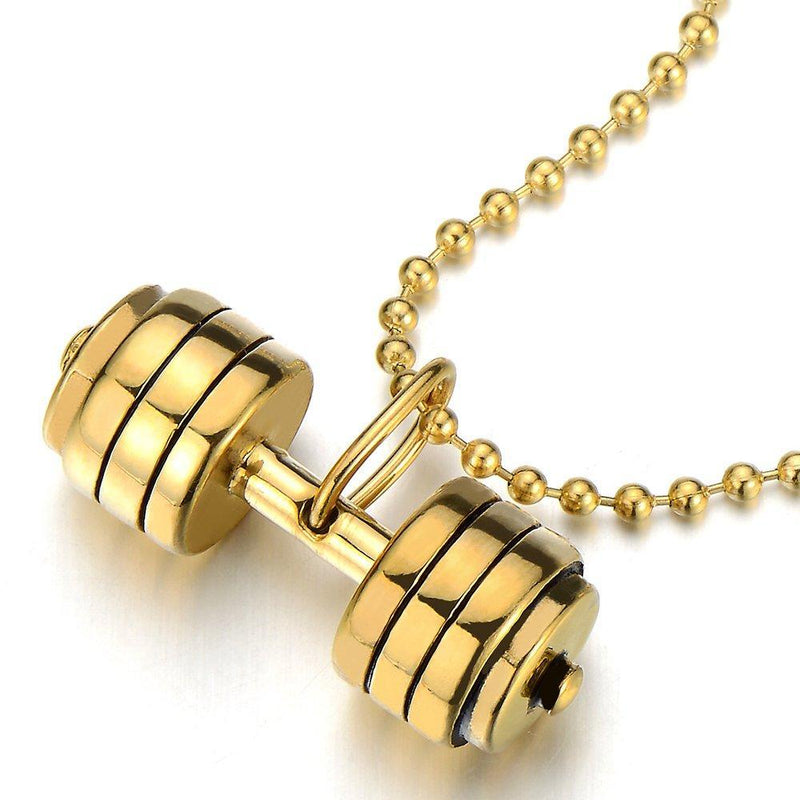 [Australia] - COOLSTEELANDBEYOND Man's Boys Stainless Steel Gold Barbell Dumbbell Pendant Necklace with 23.6 in Ball Chain 