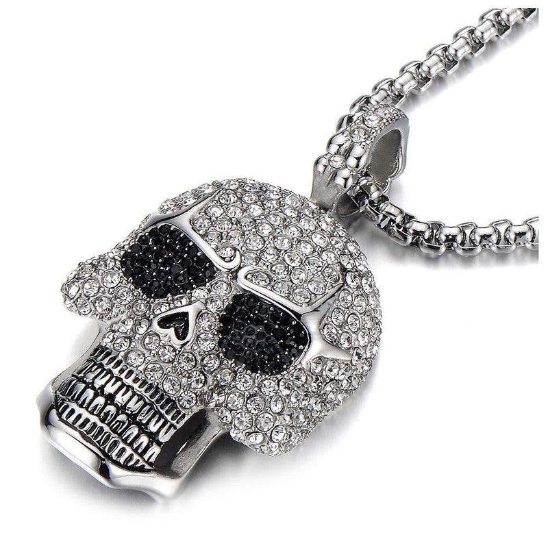 [Australia] - COOLSTEELANDBEYOND Steel Large Sugar Skull Pendant Necklace for Men Women with Cubic Zirconia and 30 inches Wheat Chain 