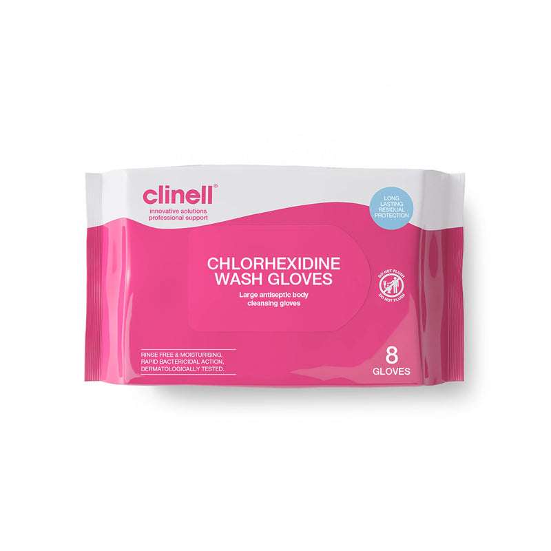 [Australia] - Clinell Chlorhexidine Wash Gloves - Pack of 8 Gloves - Body Wipes, Rinse Free Solution, Kills Bacteria, Dermatologically Tested Single 