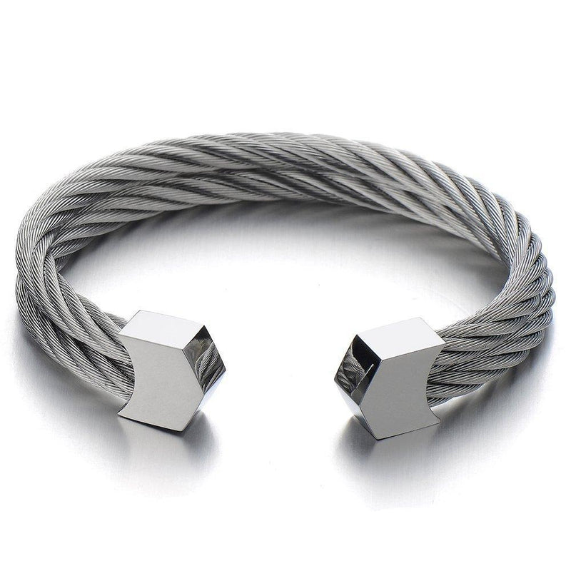 [Australia] - COOLSTEELANDBEYOND Mens Womens Stainless Steel Two Rows Twisted Cable Adjustable Cuff Bangle Bracelet 
