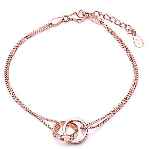 [Australia] - Infinite U Elegant Womens Charm Bracelet 925 Sterling Silver Cubic Zirconia Interlocking Rings Hand Chain, Adjustable, Rose Gold/Silver 
