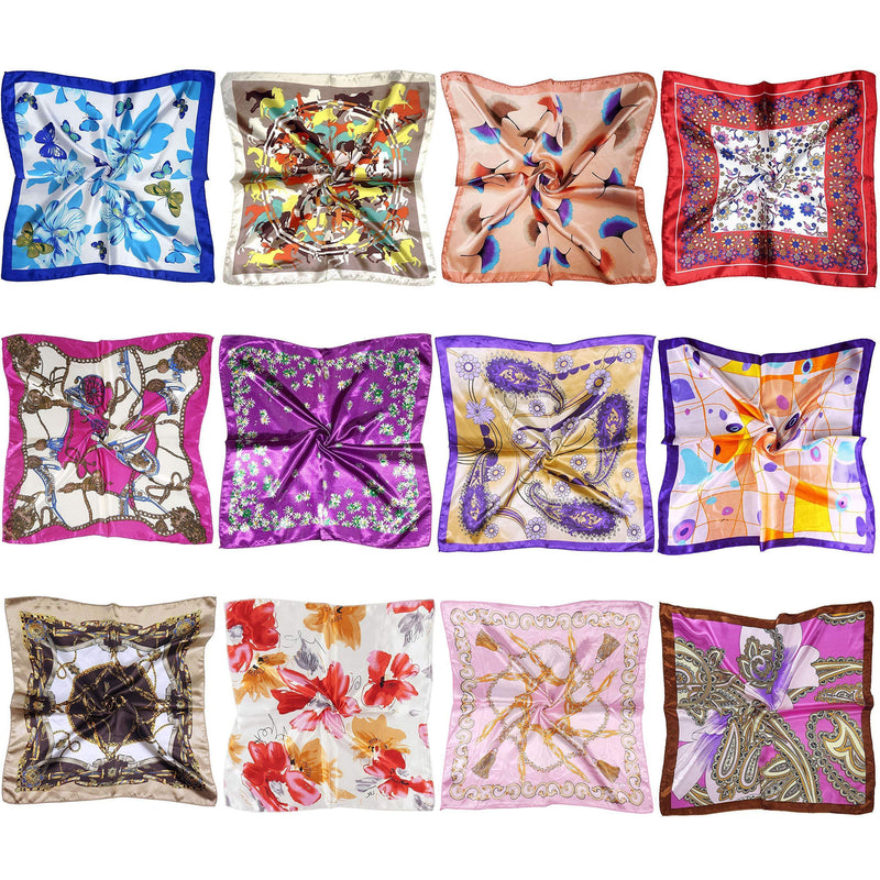 [Australia] - LilMents 12 Mixed Designs Small Square Satin Womens Neck Head Scarf Scarves Bundle Lot Set Set Zi 