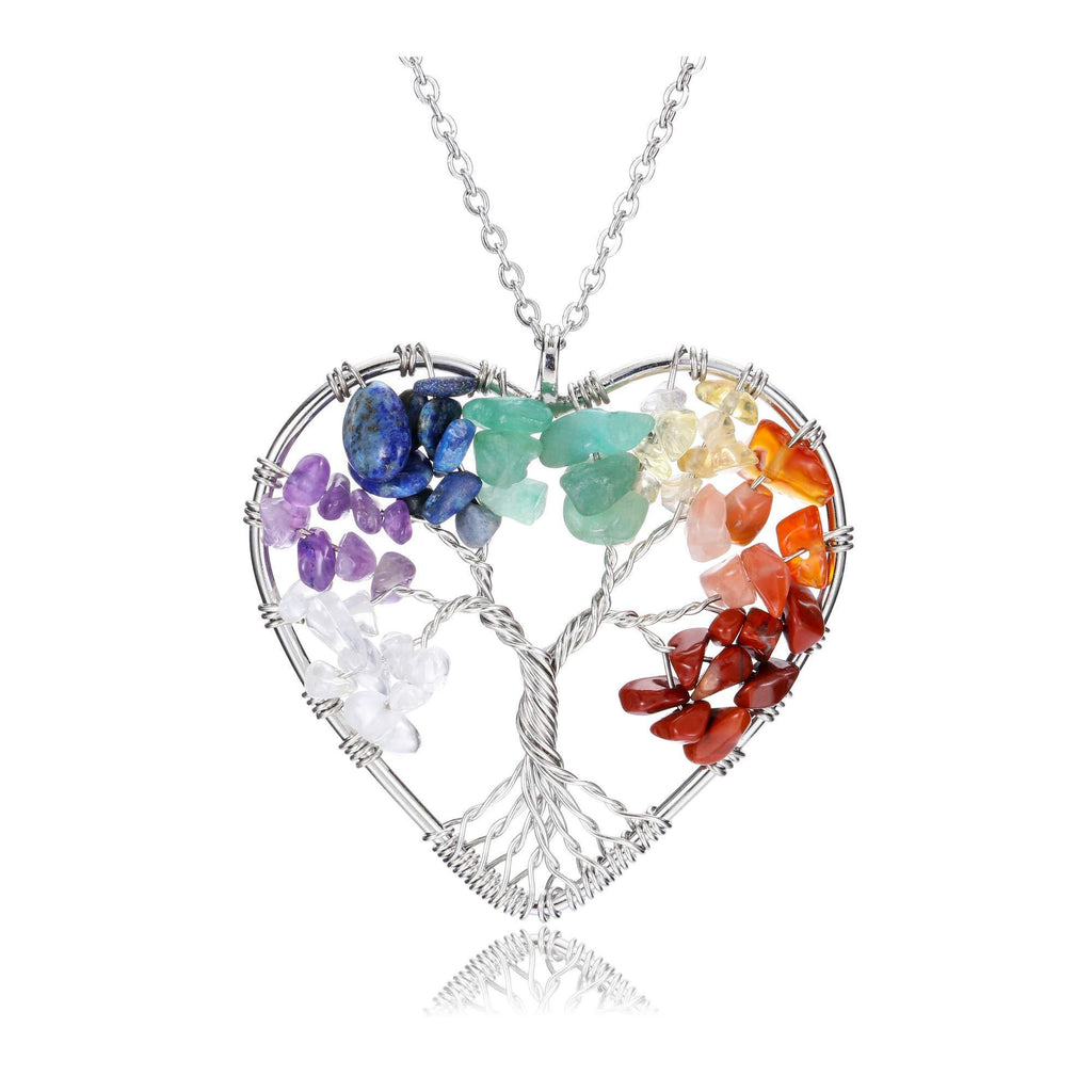 [Australia] - Jovivi 7 Chakra Heart Tree of Life Healing Crystal Pendant Necklace Jewellery for Women,Natural Raibow Gemstones Reiki Stones Wire Wrapped Necklace Mother Day Birthday Gifts 7 Chakra(heart Pendant) 