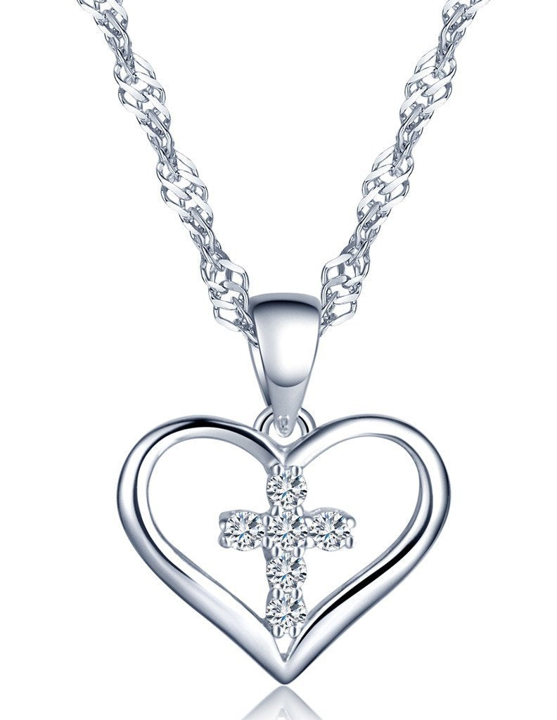 [Australia] - Infinite U Classic Cross in Heart Pendant 925 Sterling Silver Cubic Zirconia Necklace for Women/Girls, Silver 