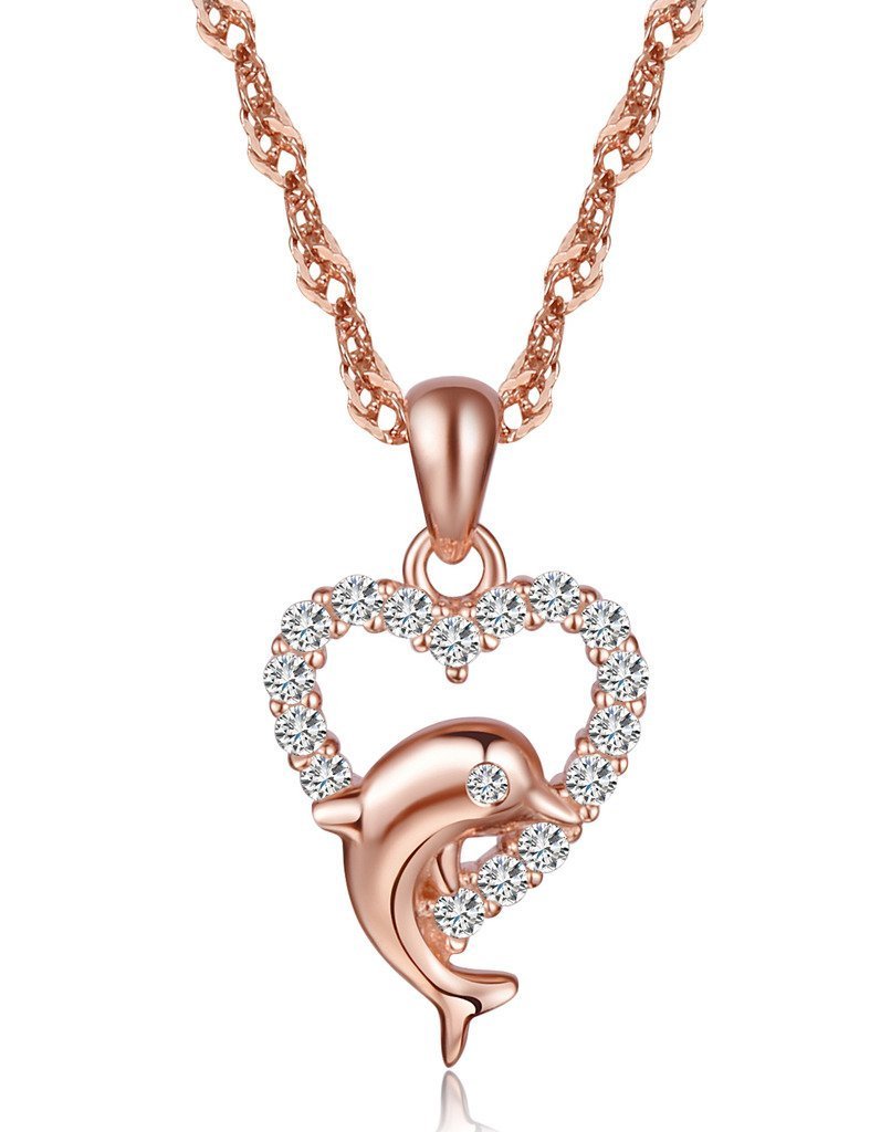 [Australia] - Infinite U Women's Girl's Necklaces Elegant Cute Dolphin Heart Pendant 925 Sterling Silver Cubic Zirconia Necklace, Rose Gold, gift for Birthday and christmas 