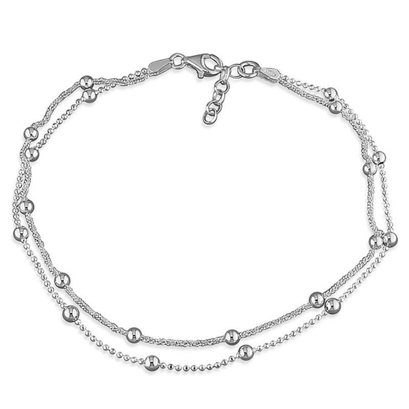 [Australia] - Beaded Double Chain Sterling Silver Anklet/Ankle Bracelet/Ankle Chain - 9.75" Inch / 25cm - Anklets for Women 