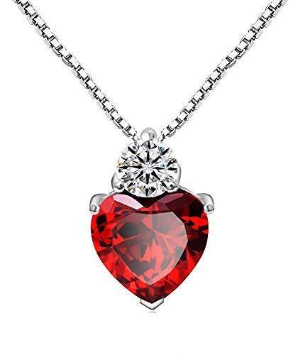 [Australia] - Womens Sterling Silver Red Cubic Zirconia Love Heart Pendant Necklace Box Chain, Valentine's Day Gift 