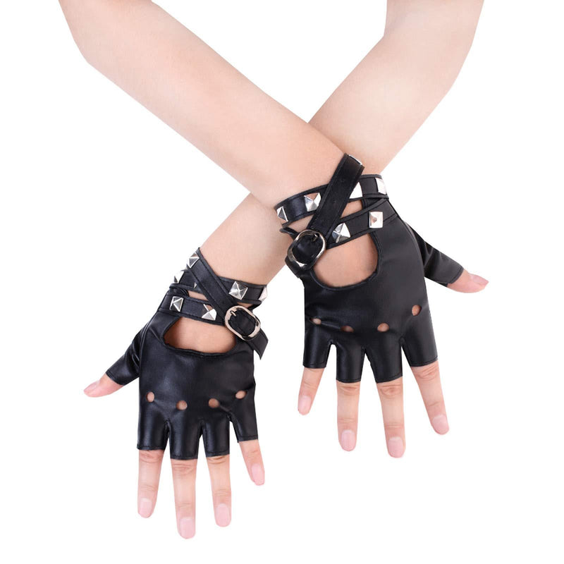 [Australia] - JISEN Women Punk rivets Belt Up Half Finger PU Leather Performance Gloves Black 