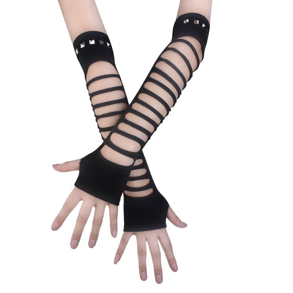 [Australia] - JISEN Punk Studded Ripped Torn Knitted Soft Arm Warmer Fingerless Gloves Black 