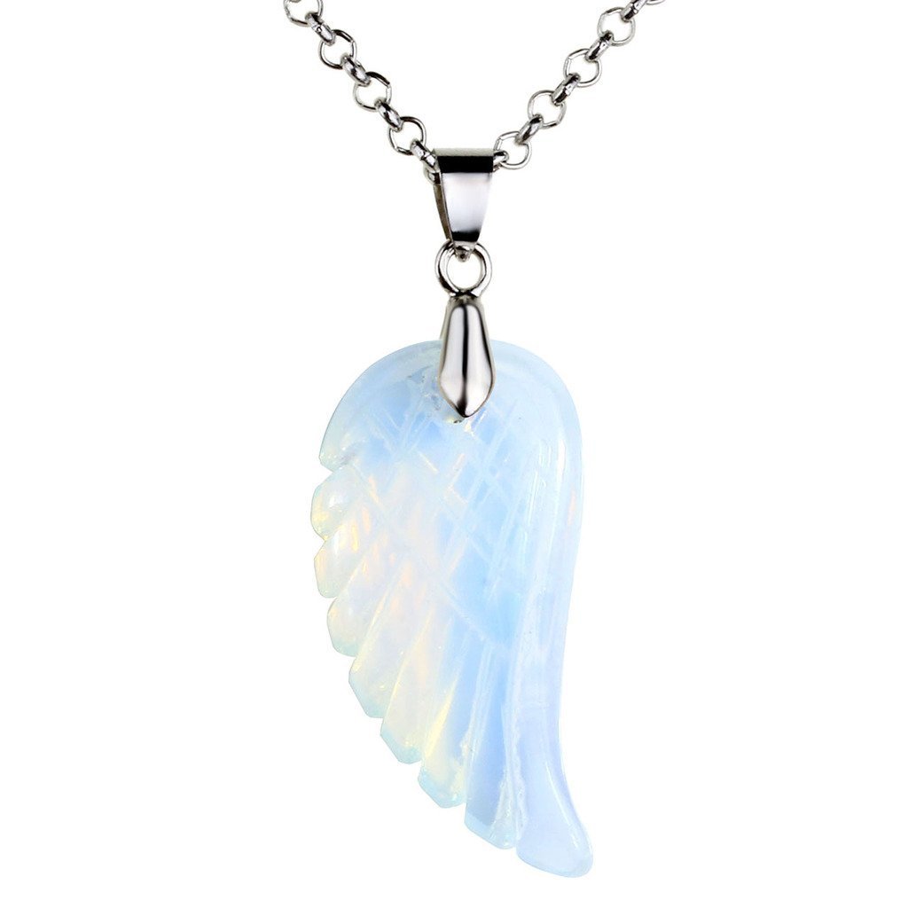 [Australia] - Jovivi Natural Amethyst Crystal Quartz Gemstones Stone Healing Point Chakra Reiki Angel Wings Pendant Chain Necklace Opalite 