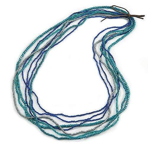 [Australia] - Avalaya Long Multistrand Teal, Grey, Blue Glass/Wood Bead Necklace - 100cm L 
