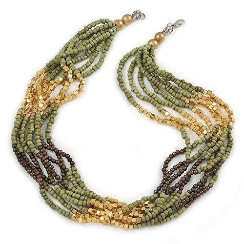 [Australia] - Avalaya Multistrand Olive/Brown/Gold Acrylic, Glass Bead Neckace - 54cm L 