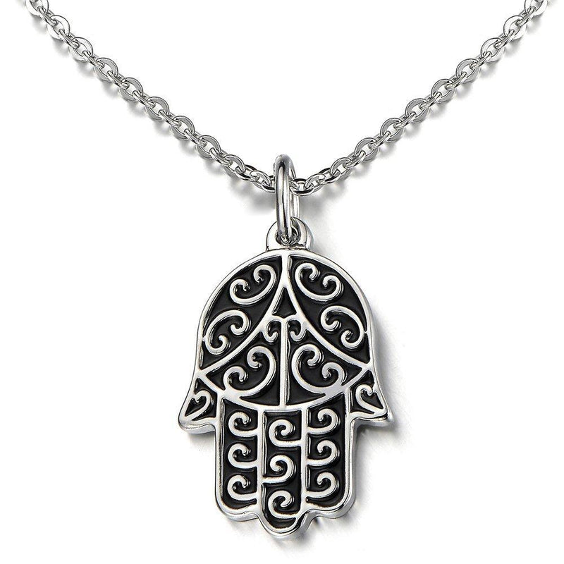 [Australia] - COOLSTEELANDBEYOND Hamsa Hand of Fatima Pendant Necklace Stainless Steel Silver Black Two -Tone with 20 inches Chain 