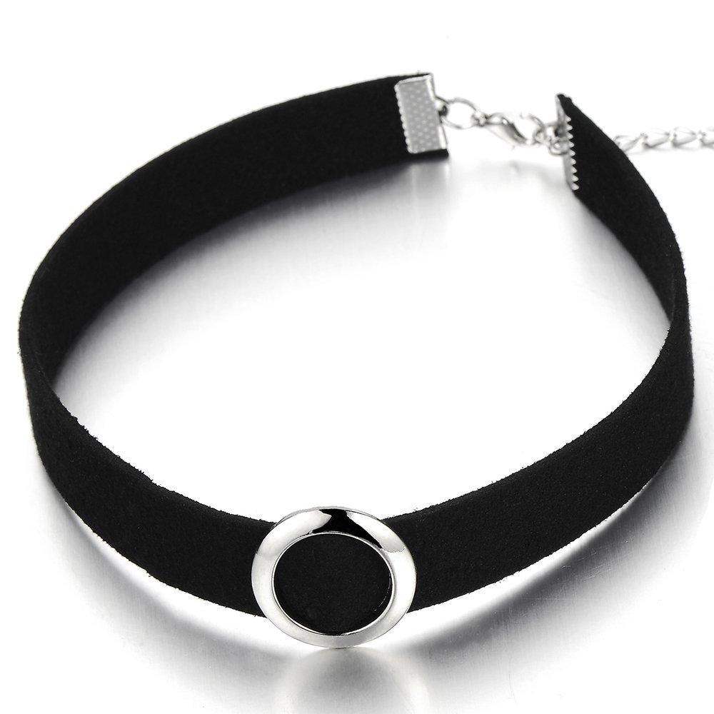 [Australia] - COOLSTEELANDBEYOND Classic Ladies Black Choker Necklace with Circle Charm Pendant 