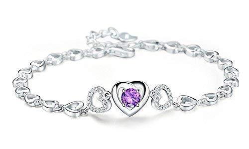 [Australia] - Sterling Silver Purple Crystal Interlocking Heart Bracelet, Adjustable 