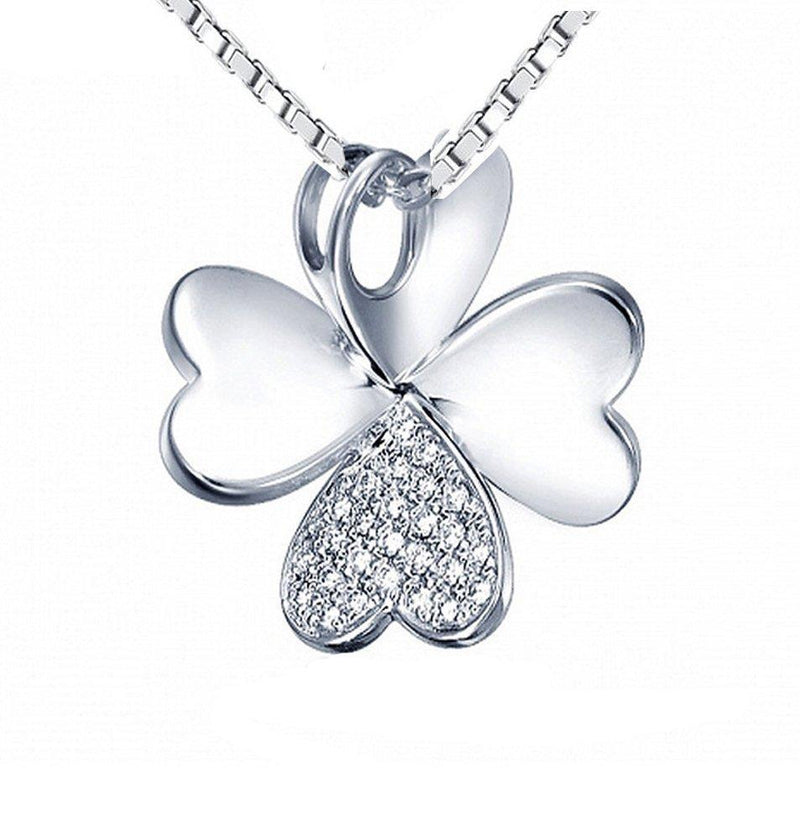 [Australia] - White Gold Plated Sterling Silver Four-Leaf Clover with Pave CZ Pendant Necklace For Women 