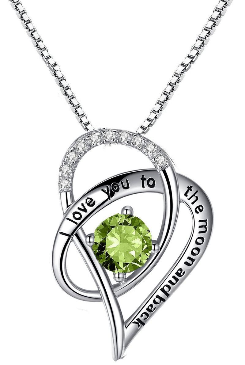 [Australia] - Sterling Silver"I Love You To The Moon and Back" Engraved Love Heart Pendant Necklace - Green 