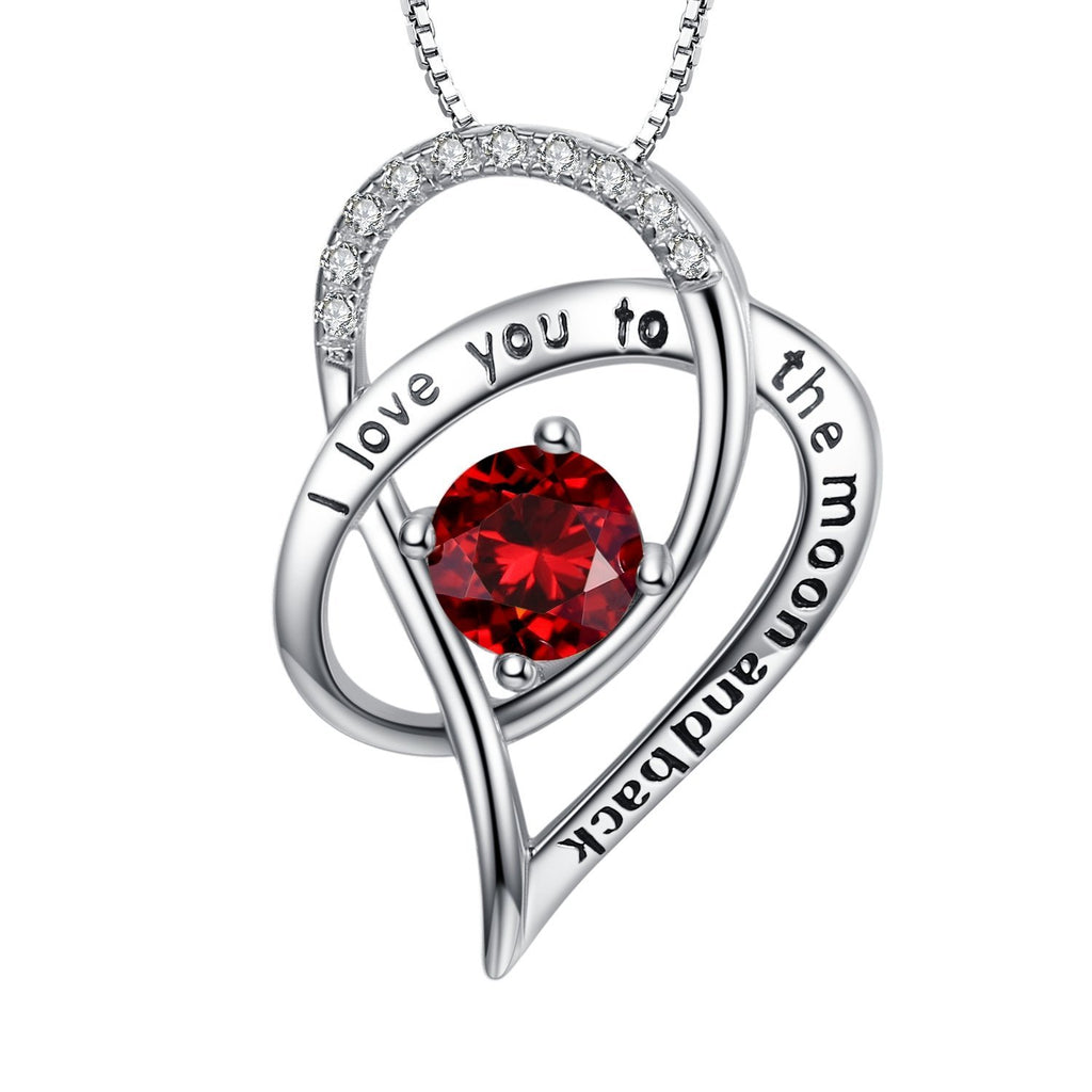 [Australia] - Sterling Silver"I Love You To The Moon and Back" Engraved Love Heart Pendant Necklace - Red 